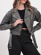 Veste avec ceinture courte pu faux cuir pour femme