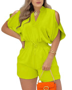 Barboteuse courte à manches chauve-souris et col en V pour femmes