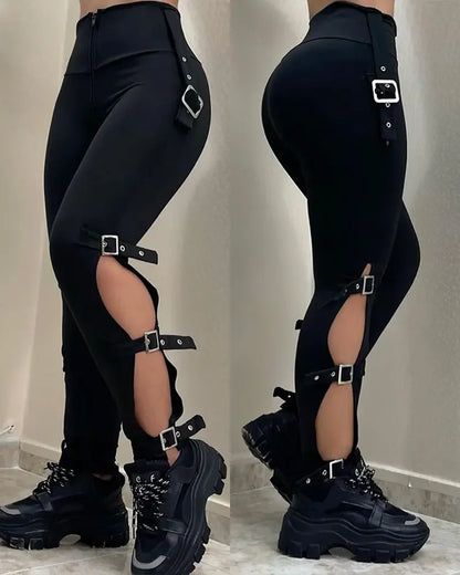 Pantalon skinny taille haute pour femme, streetwear slim noir, découpe de la hanche