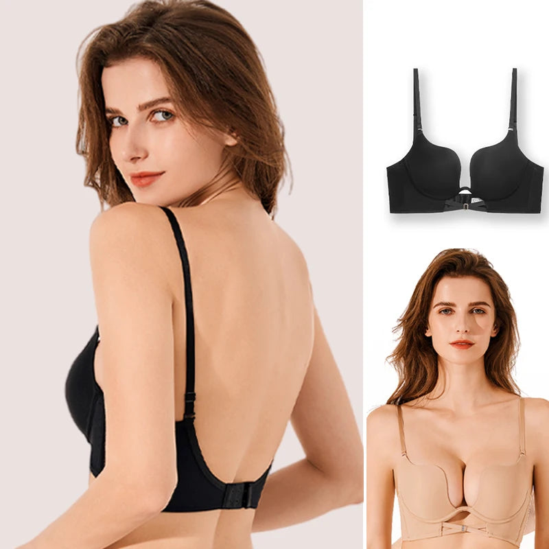 Soutien-gorge push-up à dos ouvert pour femme, sous-vêtements coupe basse, haut sexy en forme de U profond