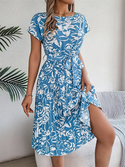 Robe longue décontractée à manches courtes pour femmes, col rond, à lacets, motif Floral plissé