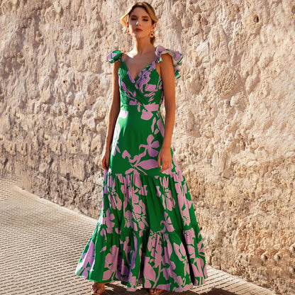 Robe Longue Imprimée de Plantes pour Femme