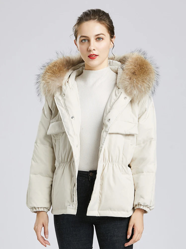 Manteau courte à capuche en fourrure de raton laveur véritable pour femme