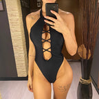 Maillot de bain une pièce à lacets, col haut, dos nu pour femmes