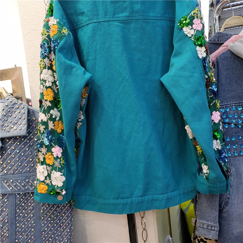 Veste en jean à paillettes et diamants pour femme