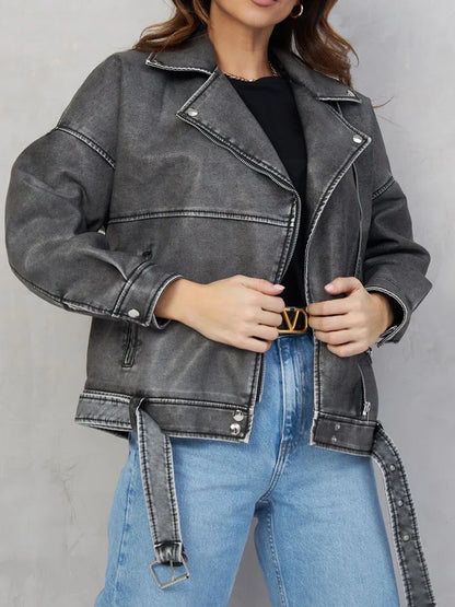 veste en Faux cuir Pu pour femme, Streetwear, Vintage, ample, manteau avec ceinture à fermeture éclair