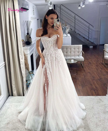 Robes de mariée Boho à fente latérale, avec des Appliques en dentelle, fleurs 3D, épaules dénudées