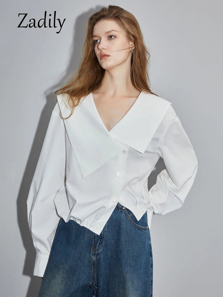 Chemise blanche en coton à manches longues pour femme, boutonnée, courte