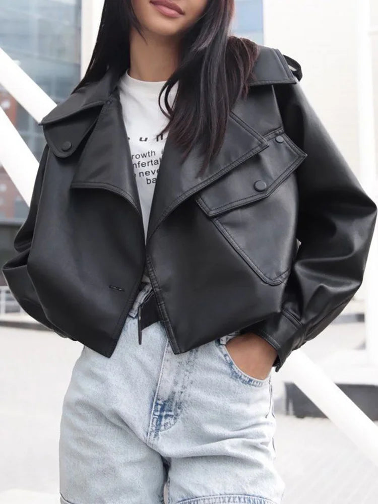 Veste courte en pu faux cuir pour femmes