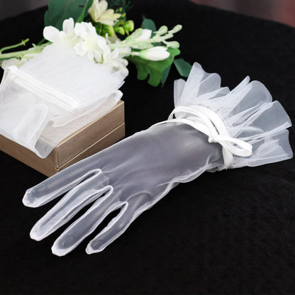 Gants courts en Tulle pour femmes, élégants, pour mariée, blancs, respirants, avec nœud,