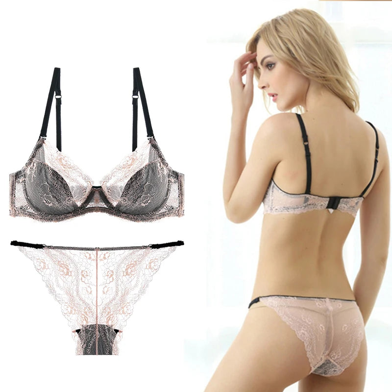 Ensemble soutien-gorge et culotte féminins en dentelle Ultra-fine, Texture douce, gros seins, petits bords, Lingerie pour femmes, grande taille