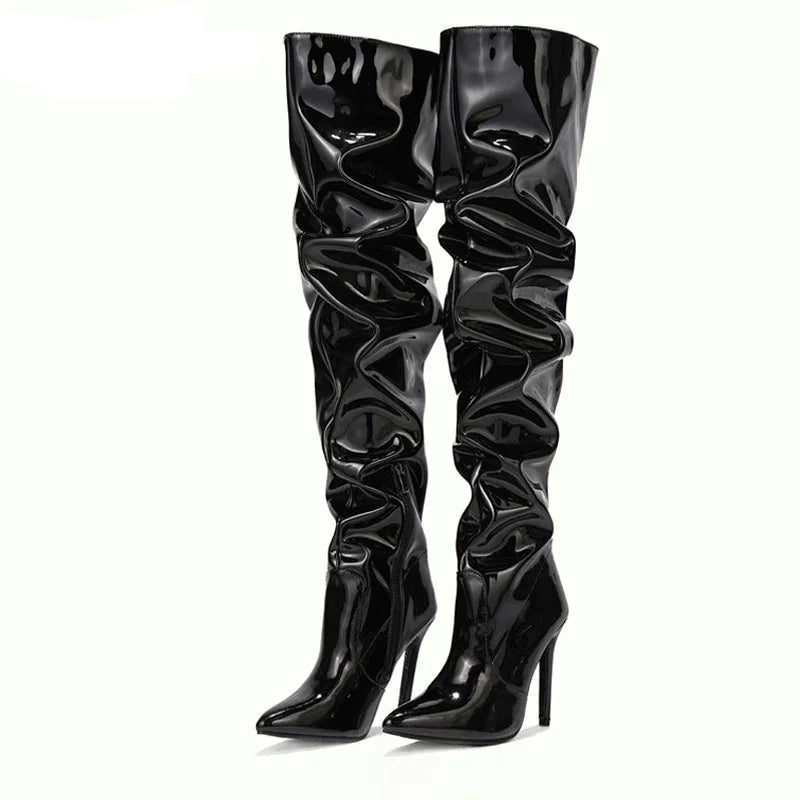 Bottes de moto en cuir verni plissé de haute qualité pour femmes