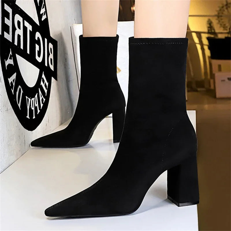 Bottines noir tissu élastique pointu talons carrés pour femmes