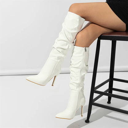 Bottes en cuir verni bout pointu talons fins pour femmes