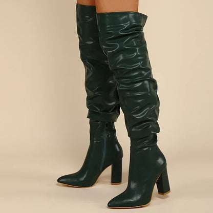 Bottes élégantes pour femmes, au-dessus du genou, couture en cuir PU, talons hauts carrés de 10CM