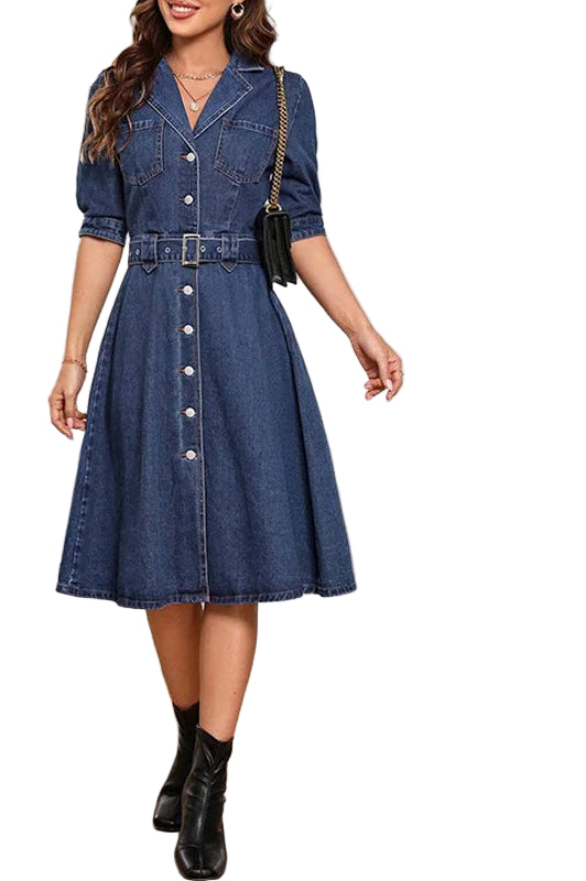 Robe chemise en jean à col cranté et manches mi-longues avec ceinture pour femmes
