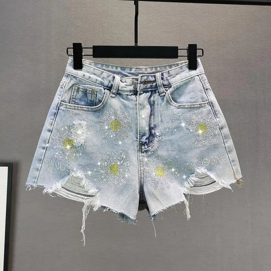 Short en jean court pour femme, taille haute, avec pompon