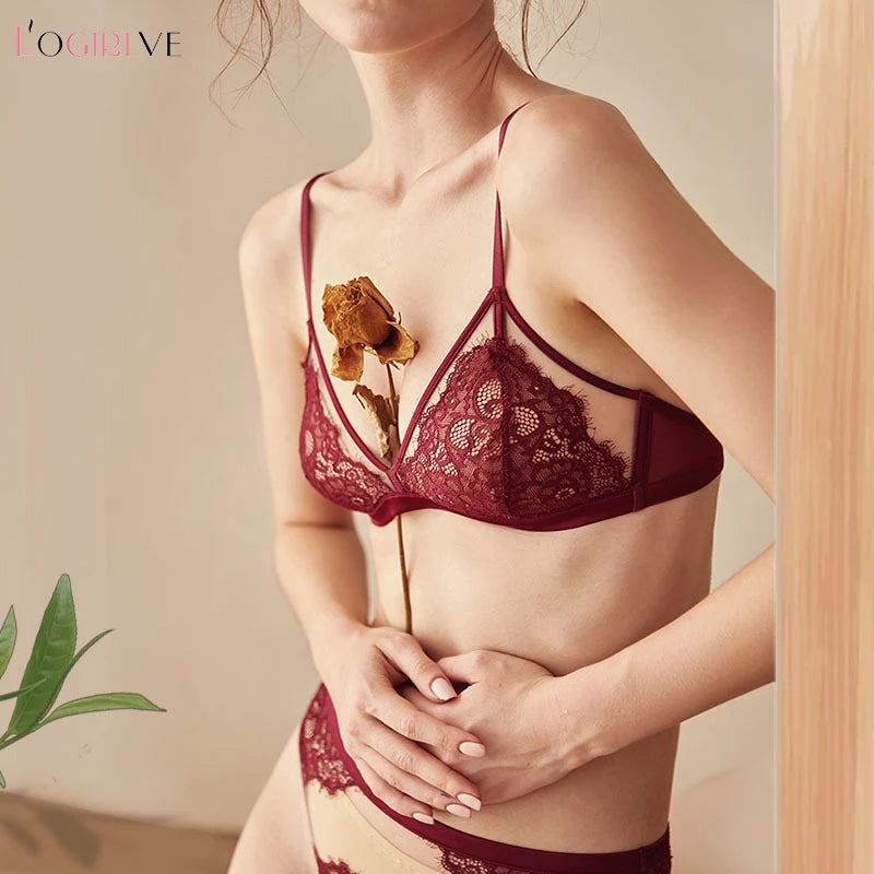 Ensemble de Lingerie Sexy en dentelle pour femmes, sous-vêtements français sans anneau en acier, Triangle, bonnet 3/4, soutien-gorge froncé, slip