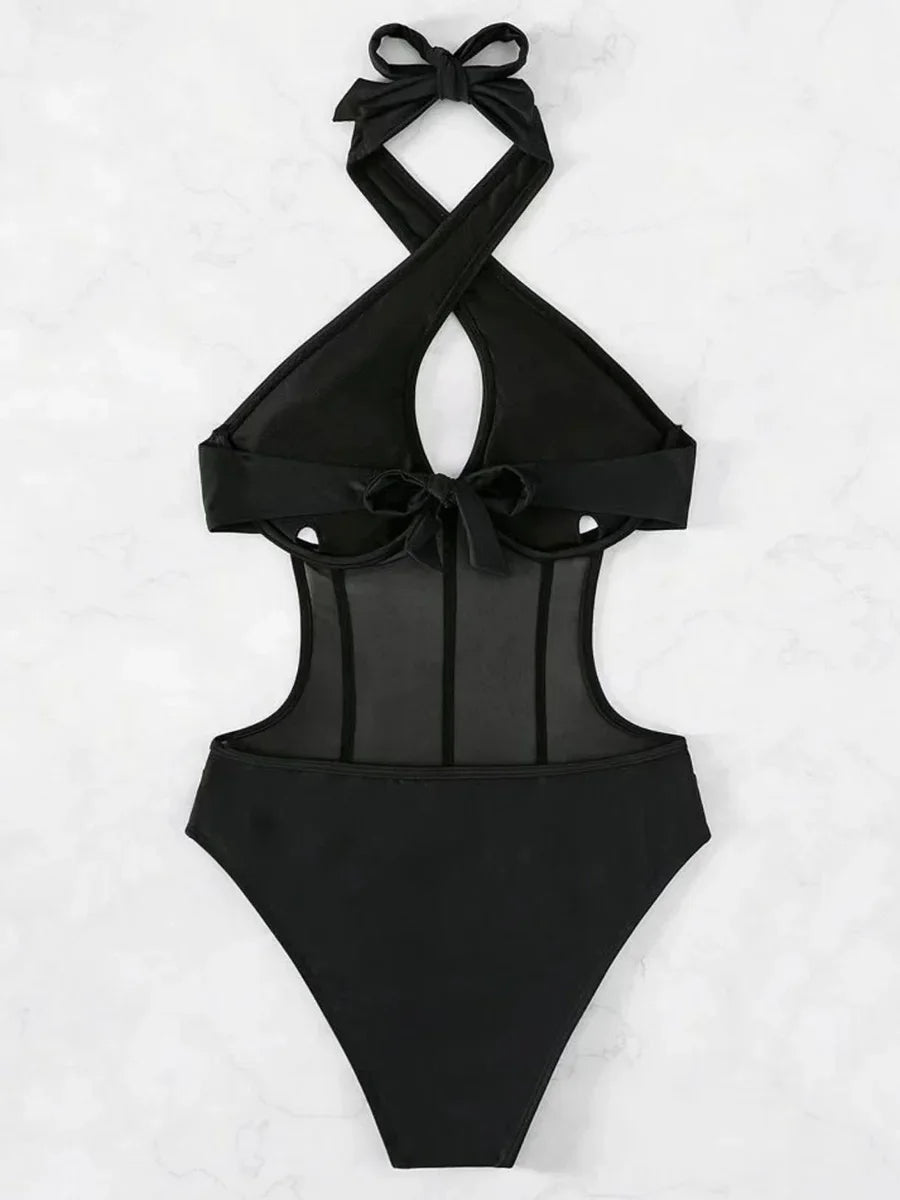 Maillot de bain une pièce en maille, Sexy, ajouré, à armatures, dos nu, culotte taille haute, pour femmes