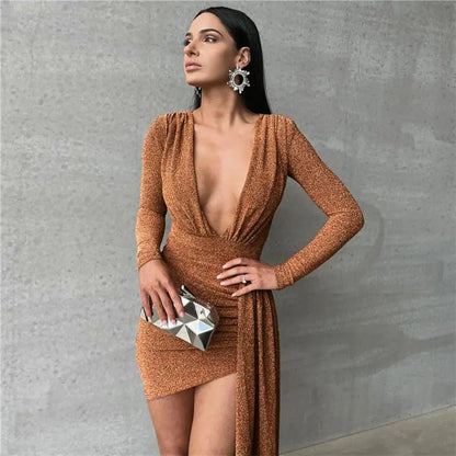 Mini robe courte Sexy à manches longues et col en V pour femme