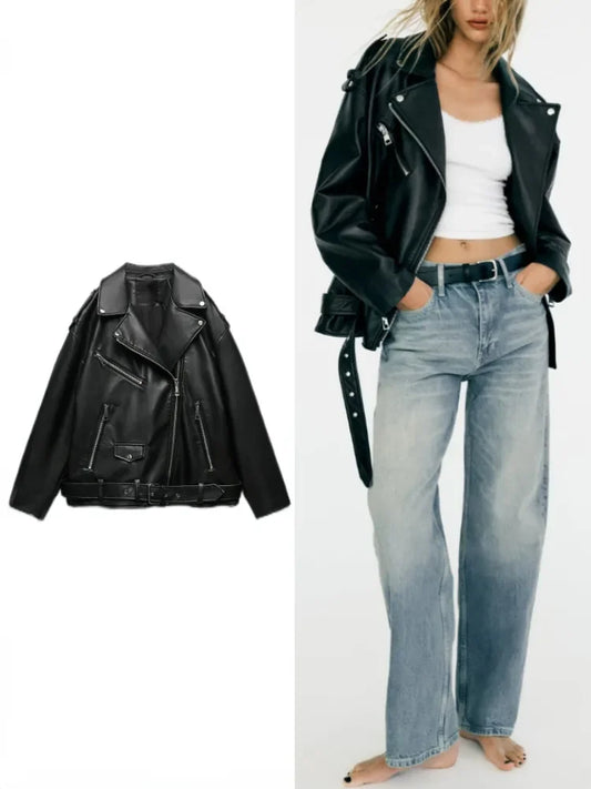 veste en Faux cuir avec ceinture pour femmes