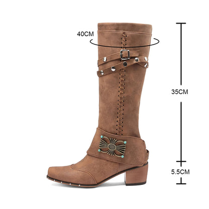 Bottes à talons épais rivet en métal style ethnique ceinture pour femmes