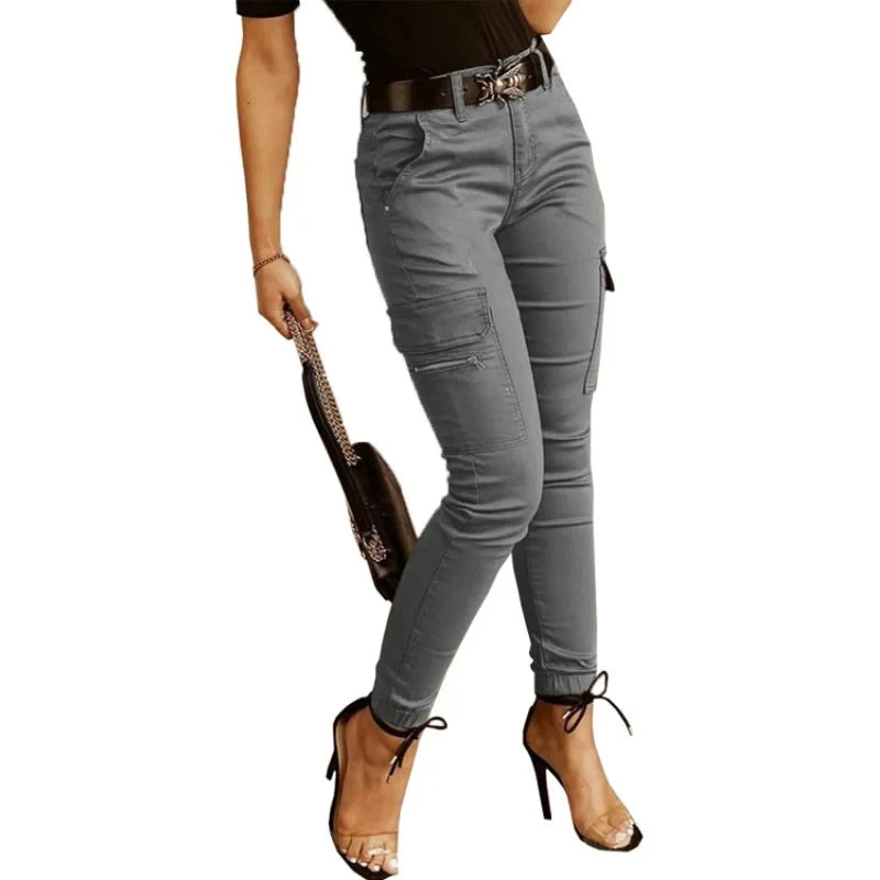 Pantalon cargo monochrome mince avec poches pour femmes