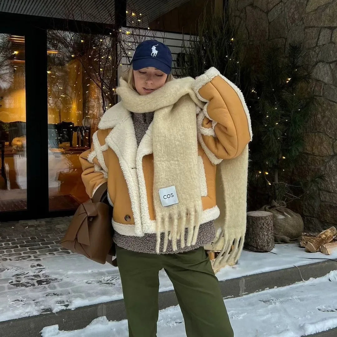 Veste courte en cuir PU patchwork pour femme