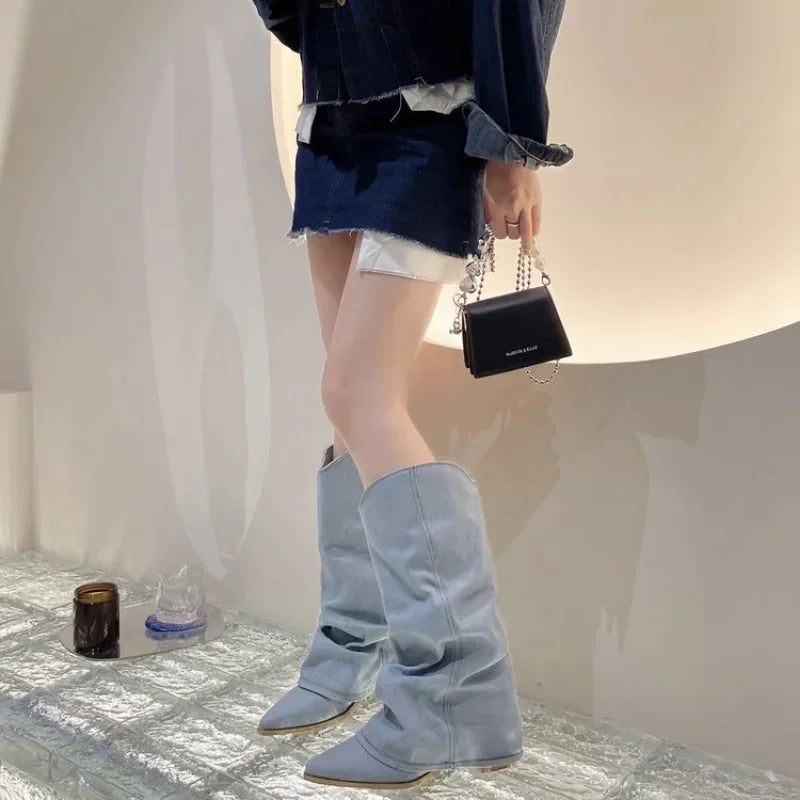 Cuissardes en denim bleu plissé pour femmes bottes western longues à enfiler