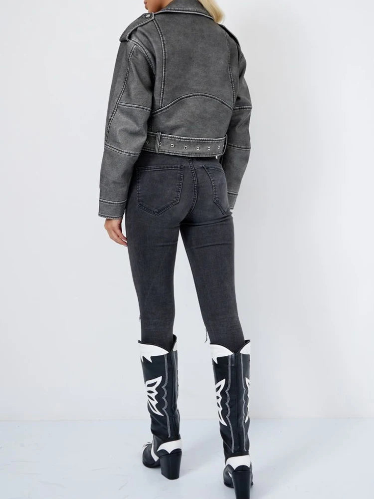 Veste en faux cuir courte avec ceinture pour femmes