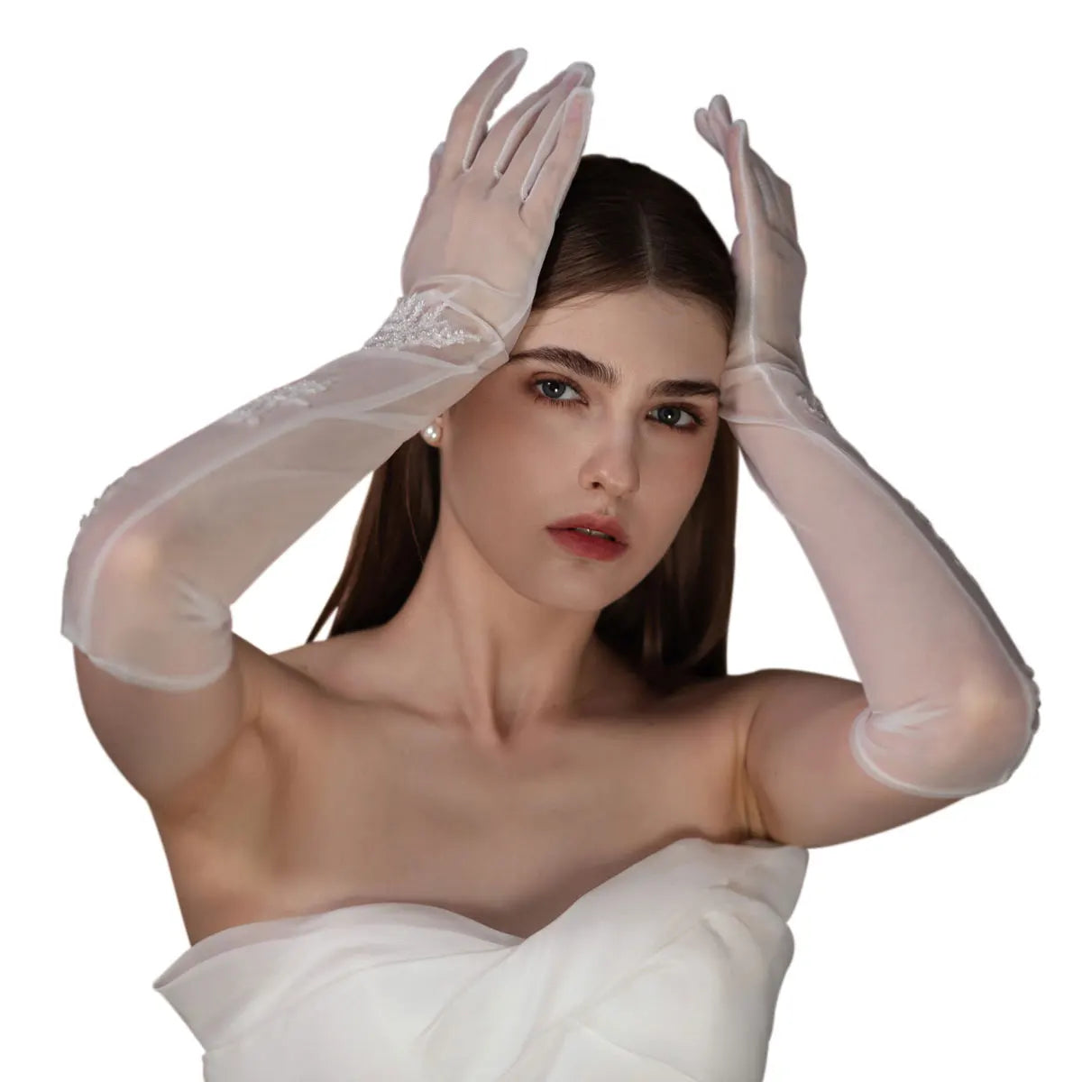 Gants de Mariage Exquis pour Femme, Pièce de Perles en Tulle Doux