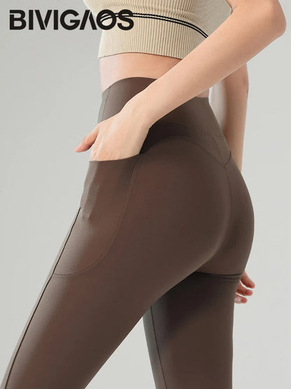 Leggings en peau de requin de poche pour femme, taille haute, velours ajusté