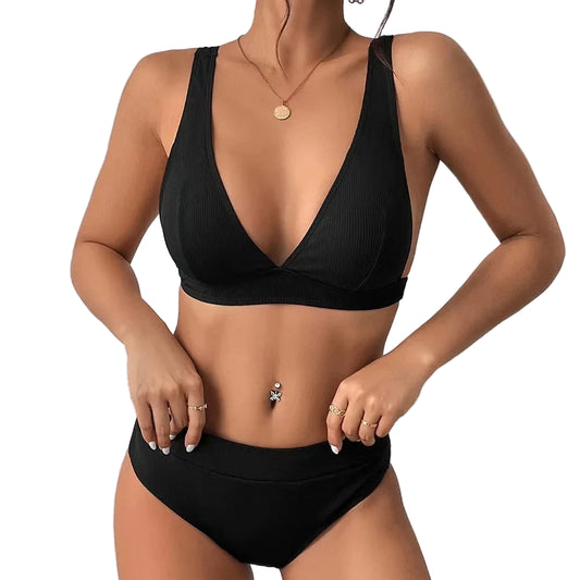 Maillot de bain deux pièces à rayures, couleur unie pour femmes