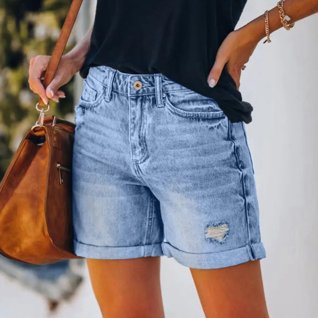 Short en jean pour femme, rétro avec trous à bords pliants