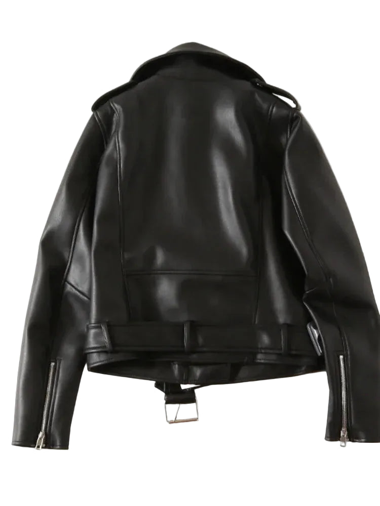 Veste en cuir noir à revers court pour femmes