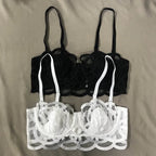 Ensemble 3 pièces soutien-gorge Push up + jarretières + string en dentelle transparent pour femmes