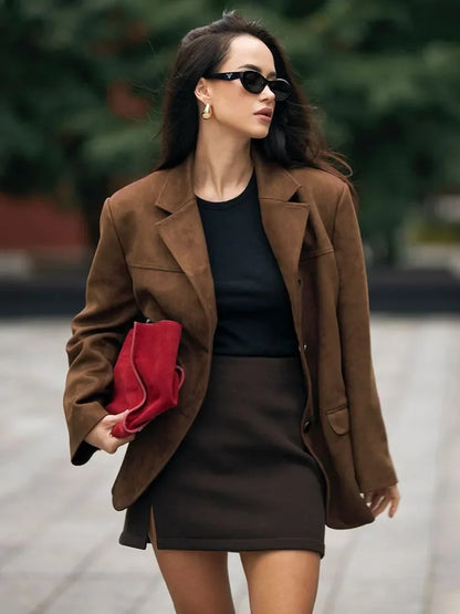 Veste Rétro Marron à Revers avec Poche pour Femme