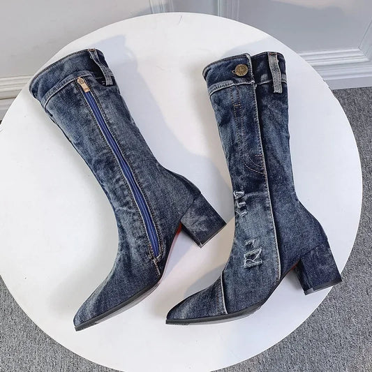 Bottes en Jean Sexy pour femmes, mi-mollet, fermeture éclair, talons hauts, élégantes