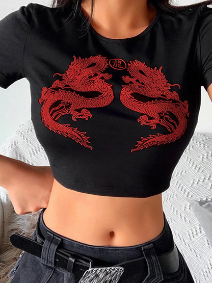 T-shirt à manches courtes imprimé dragon pour femmes, haut court