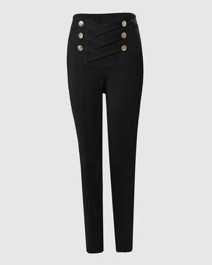 Pantalon crayon noir chic taille haute pour femme avec boutons croisés