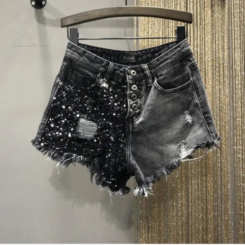 Short en jean à paillettes pour femmes, taille haute, grande taille, trou