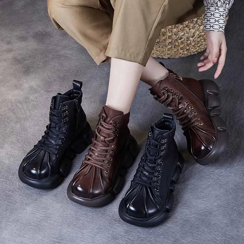 Bottines compensées en cuir véritable pour femmes, talons épais de 5cm