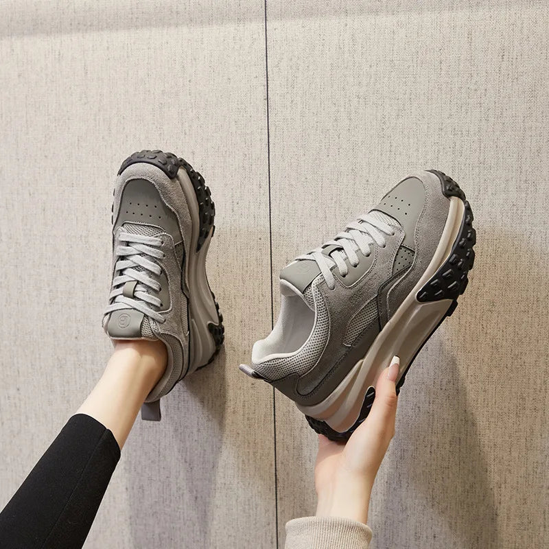 Baskets à semelle compensée 6cm en cuir de vache véritable pour femmes