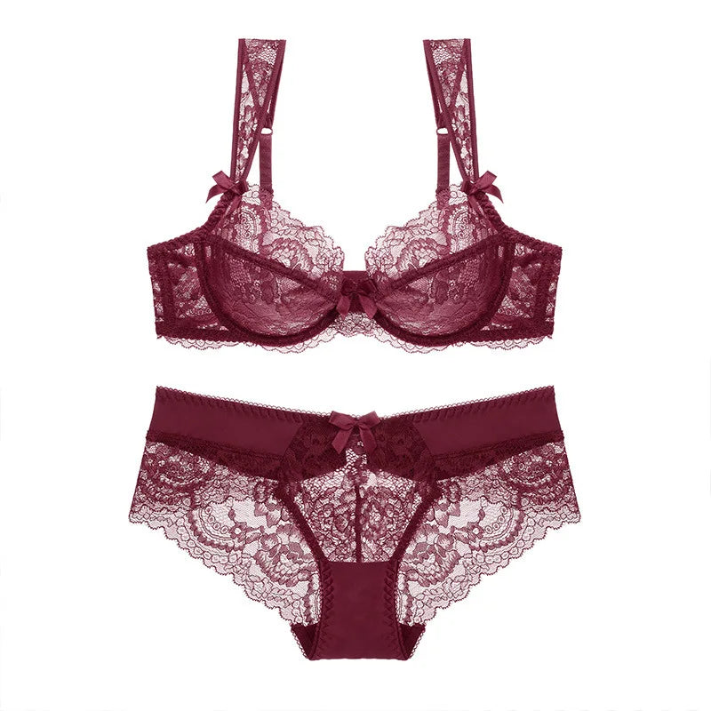 Ensemble soutien-gorge et culotte Sexy en dentelle transparente, Ultra-fin, sans éponge, Transparent, Push-Up