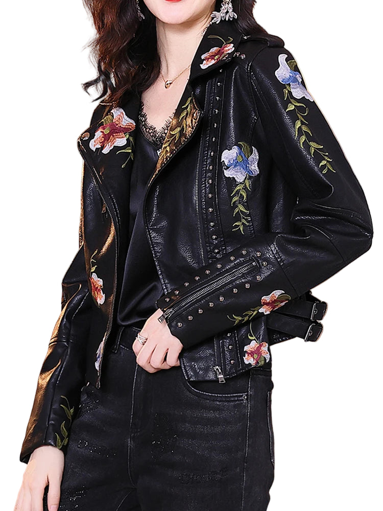 Veste en cuir imprimé fleuri pour femmes