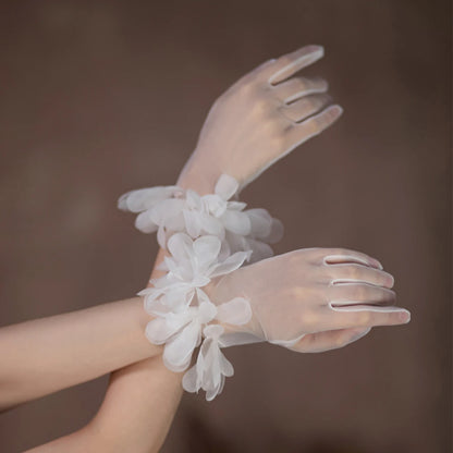 Gants Élégants en Tulle Doux, Fleurs de Raisin, Bords à Volants, Blancs, Courts