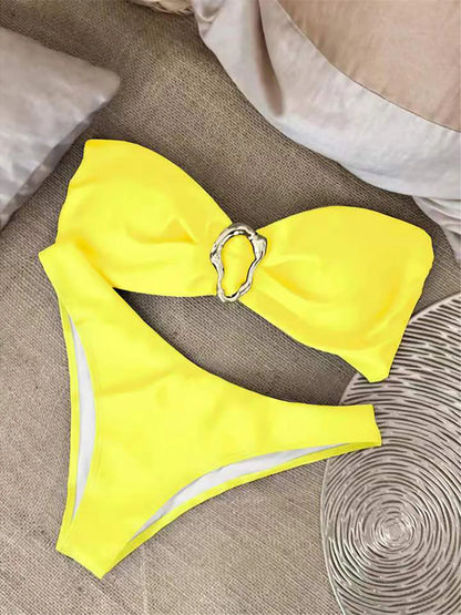 Maillot de bain deux pièces bandeau avec anneau métallique pour femmes