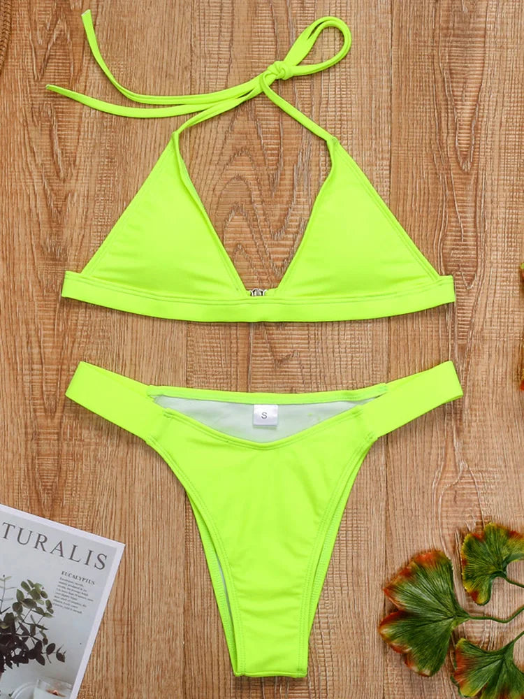 Maillot de bain brésilien vert néon, col licou, ensemble deux pièces pour femmes