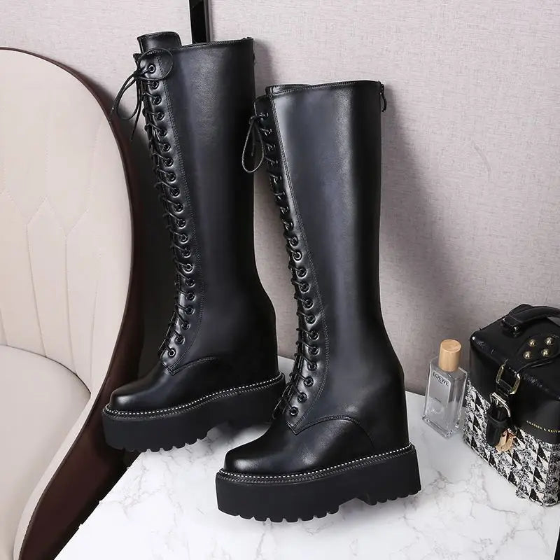 Bottes hautes en cuir et microcarence pour femme, 12cm, semelle compensée, peluche, fermeture éclair