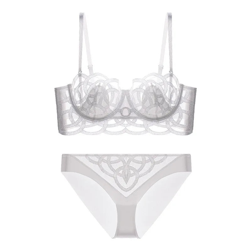 Ensemble 3 pièces soutien-gorge Push up + jarretières + string en dentelle transparent pour femmes